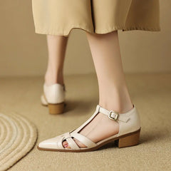 Genuine Leather Women Sandals T-Strap Pumps Office Ladies Party