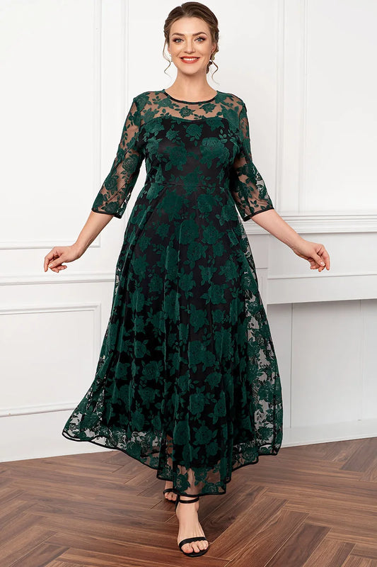 Women Plus Size Dress Mother Of The Bride Green Rose Flocking Mesh Double Layer