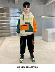 Boys Tracksuit Sets Children Patchwork Letter Sweatshirts+Pants 2Pcs Outfits Teenager Autumn Fashion Hooded Suits Spring Clothes