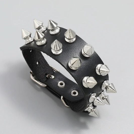 Punk Bracelet for Men Women - Goth Black Leather Wristband with Metal Spike Studded- Spike Rivets Cuff Bangle Adjustable