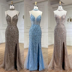 Homecoming Dresses: Spaghetti with split Strap Beaded Evening Dresses
