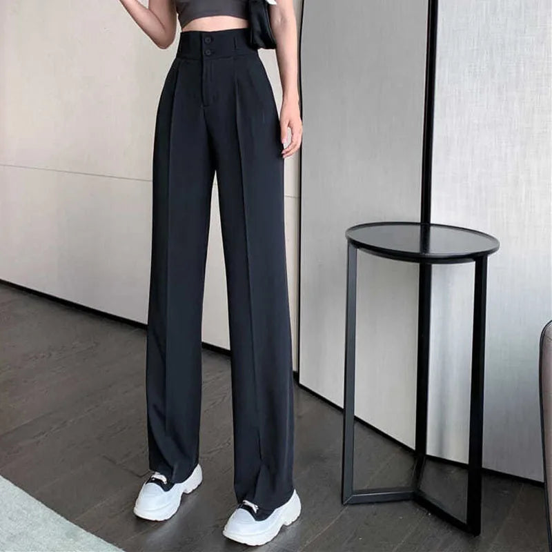 Black White Women Straight Pants Korean Fashion High Waist Wide Leg Trousers