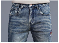 Embroidered Jeans Men's Autumn Winter New Korean Fashion Slim Little Feet Trousers
