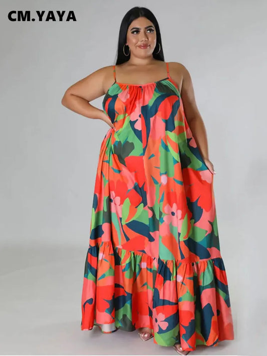 Women Plus Size Autumn Spaghetti Strap Ruffles Hem Loose Maxi Long Floral Leaf Print