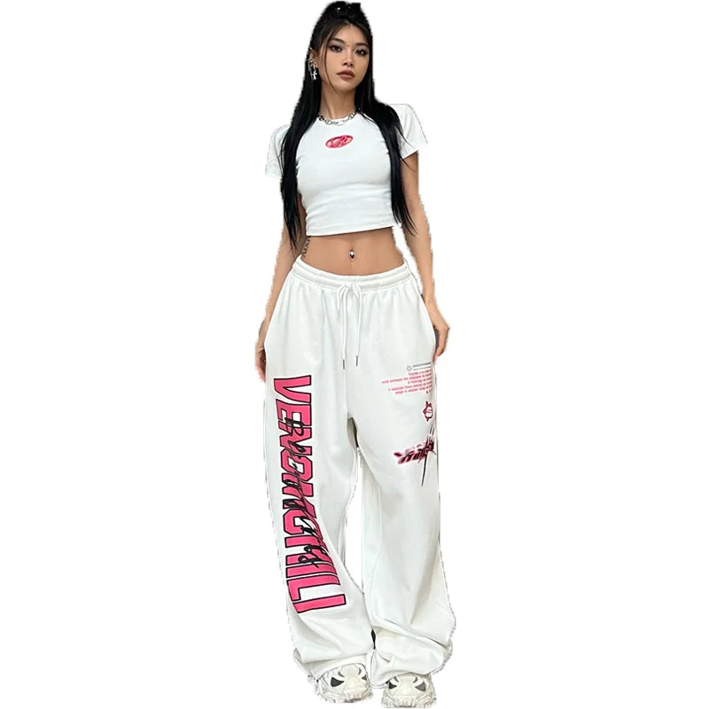 Y2K Streetwear White Track Pants Women Harajuku Hippie Wide Leg Sweatpants