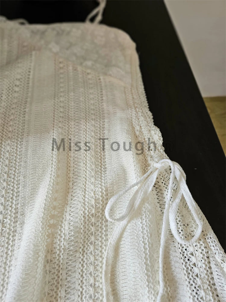 Summer Elegant One Piece Dress Women Chic French Lace Sling Shirt Stacked