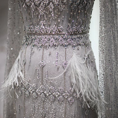 Evening wear Dresses: Bling Gray Mermaid Arabic Evening Dress with Cape