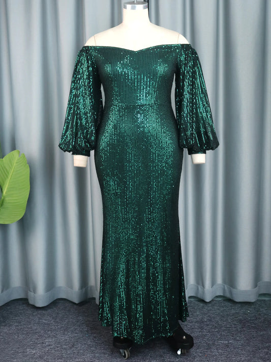 Green Sheath Dresses for Women Plus Size Cold Shoulder Lantern Sleeve High Waist