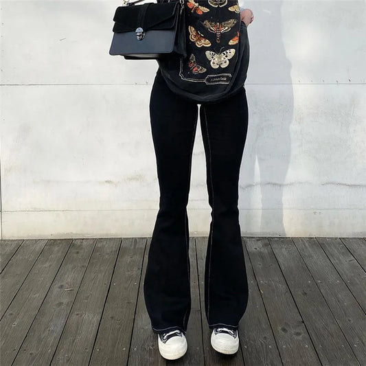 Women Stretch Flare Skinny Jeans Lady Retro Black Y2K Punk High Waist Skater Pants