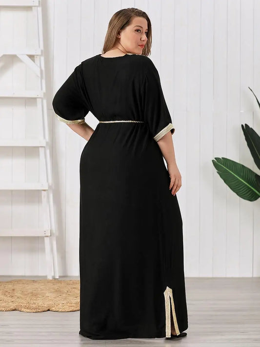 Women Muslim Dress Short Sleeves Vintage Rhinestones Embroidered Long Dresses
