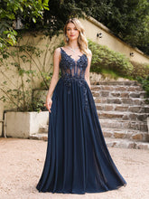 Homecoming Dresses: Navy Blue V Neck Evening Dresses Elegant 3D Lace Prom Gowns
