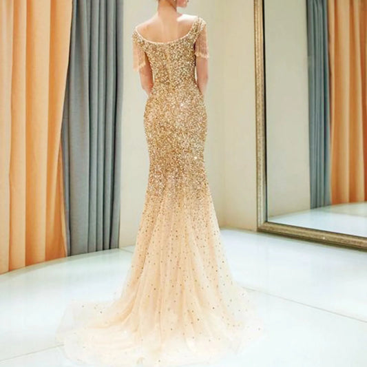Formal attire Dresses: Women Mermaid Prom Long Dress Elegant Gold Sequins Dresses