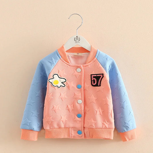 Embroidery Mandarin Collar Color Patchwork Cartoon Zipper Jacket For Baby Kids Girls