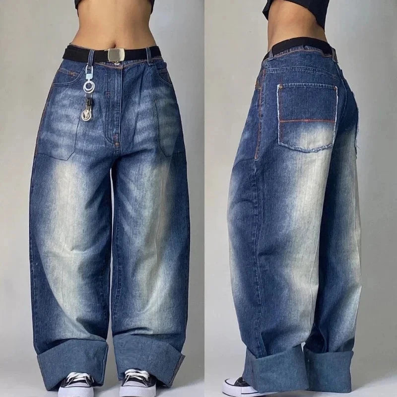 Y2K Jeans Women Washed Gray Straight Pants Street Gothic Loose