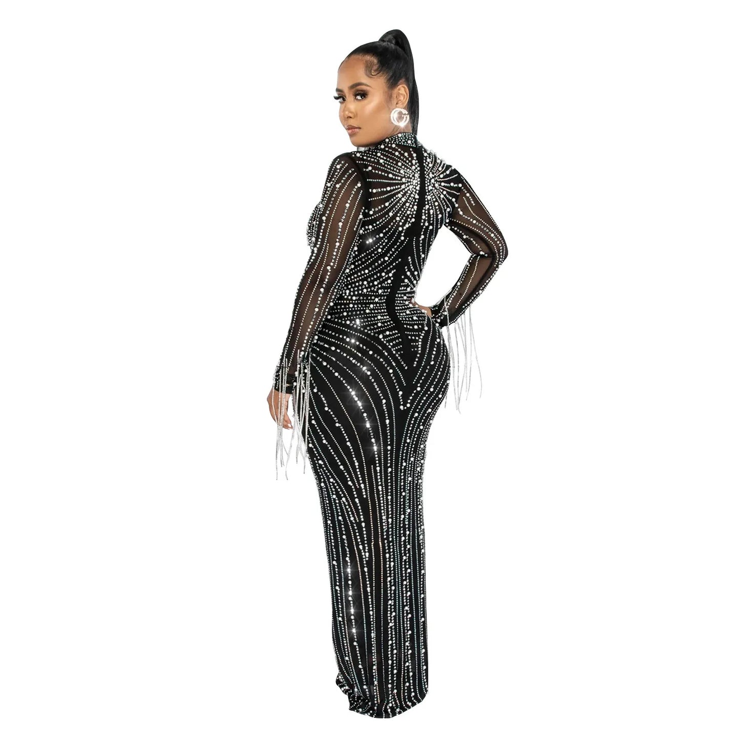 Evening Dresses: Luxury Women's Mesh Diamonds Long Sleeve Prom Dresses