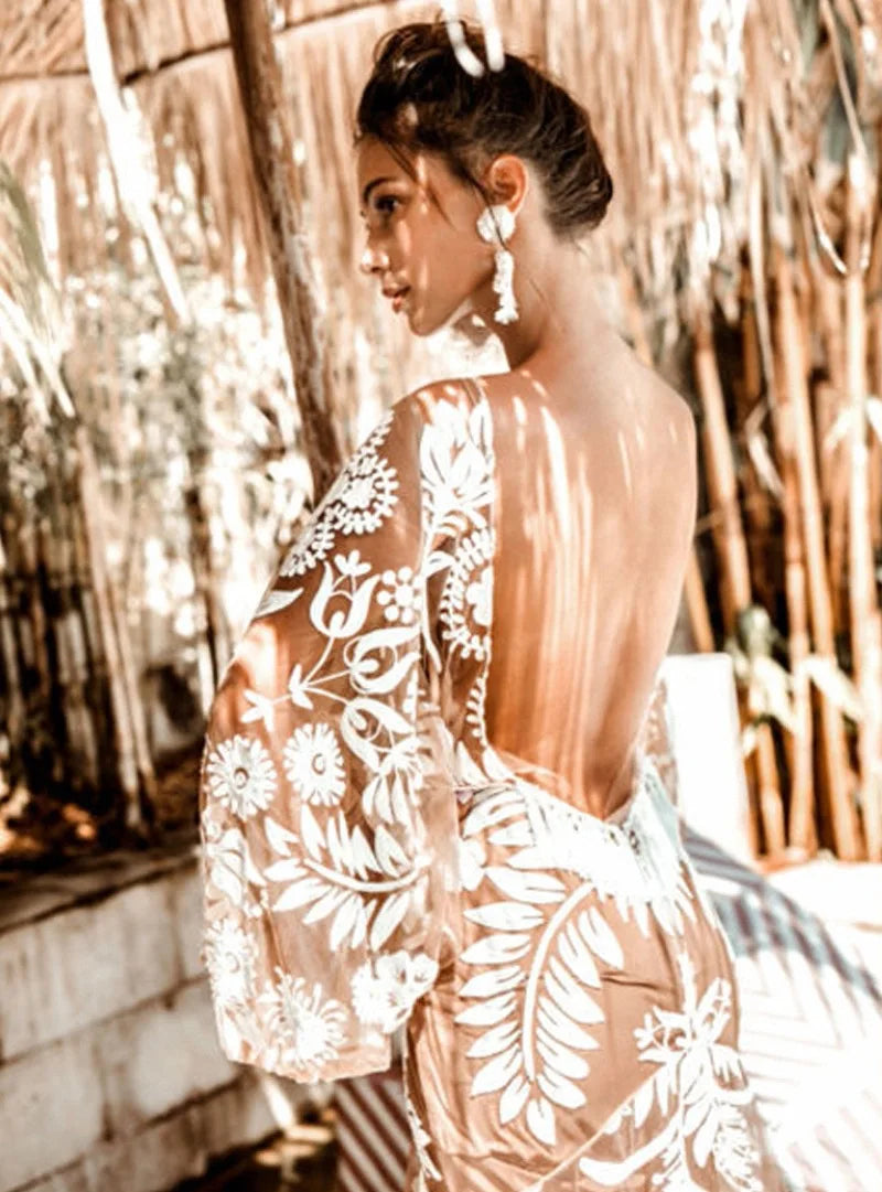 Evening wear Dresses: Long Sleeved Floor-Length Lace Formal Evening Prom Dress