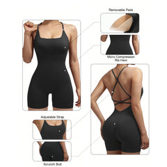 Yoga Criss Cross Backless Cami Sports Romper,Women's Jumpsuits Ribbed One Piece