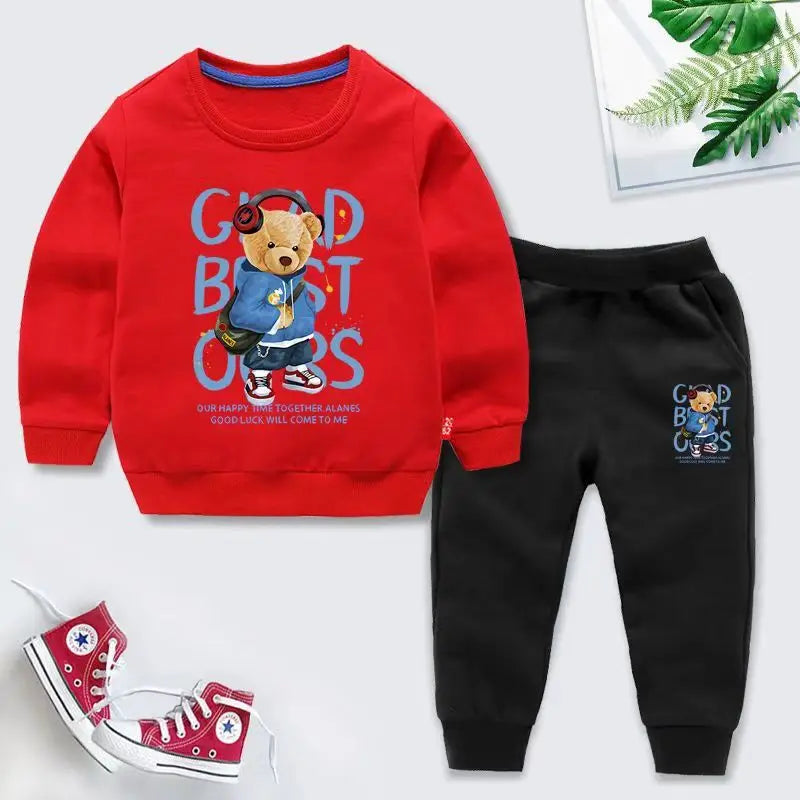 Autumn Children Boy Clothes Set Kid Girls Cute Bear Printed Sweatshirts Pullover Top And Pants 2pcs Suit Baby Fashion Tracksuits