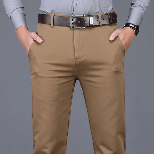 Classic Style Men's Brown Business Straight Casual Pants Solid Stretch Cotton High Waist