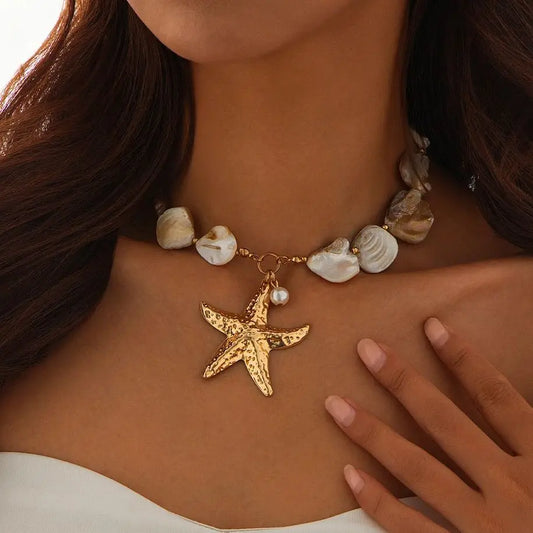 KunJoe Boho Gold Color Large Starfish Pendant Necklace for Women Vintage Imitation Pearl Conch Chain Short Choker Collar Chain