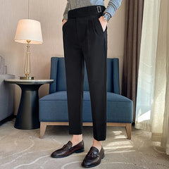 British Style Men High Waist Casual Dress Pant Men Belt Design Slim Trousers Formal