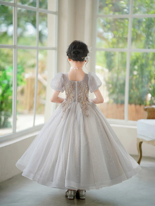 3-15T Teen Girl Fluffy Mesh Dresses for Elegant Party Princess Prom Gown Children Pageant Tailling Long Dress Performance Outfit