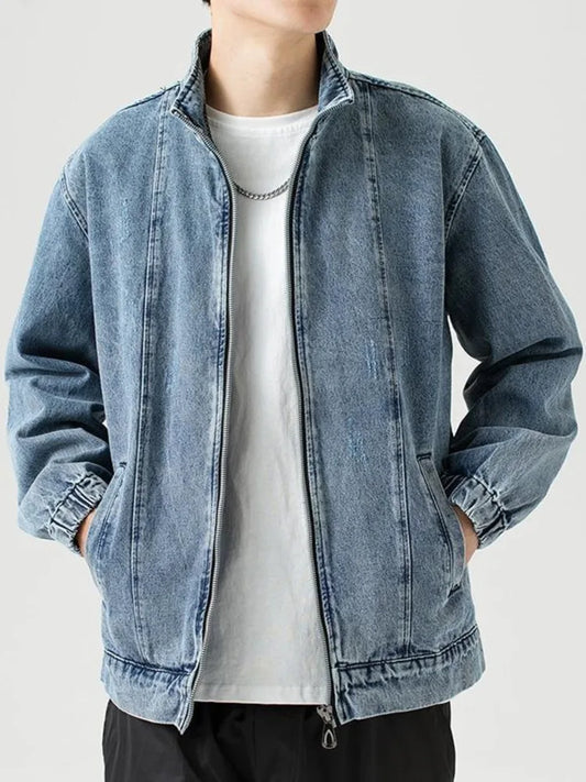 Stand Collar Denim Jacket Men Casual Autumn Zip Closure Jacket