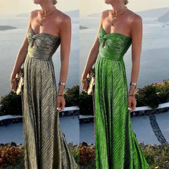 Knot Chest Wrapping Dresses Bronzing Backless Large Hem Maxi Dress