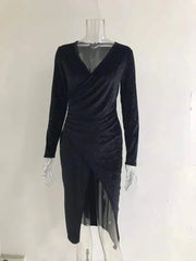 Autumn Dresses For Women Deep V Neck Long Sleeve Slit Bodycon Dress