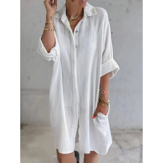 Plus Size Cotton Linen Shirt Dress for Women Large Size Short Mini Skirt Casual