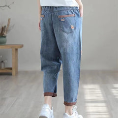 Ripped Splice Baggy Ankle-Length Harem Jeans Women Elastic High Waist Denim Pant