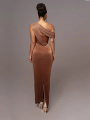 Evening Dresses: One Shoulder Draped Glitter Long Dress Women Brown