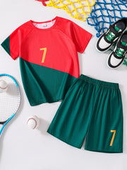 2025 Youth and Children Red and Green Splicing Color No. 7 Legend Quick-drying Sports Football Suit Set