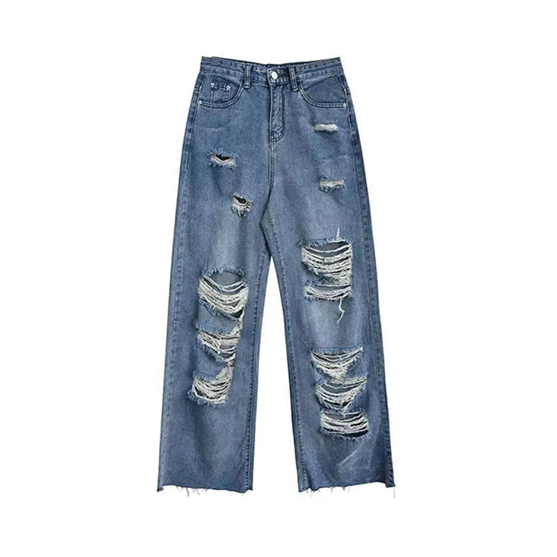 Streetwear Straight Pants Ladies Ripped Jeans High Waist Loose Wide Leg Pants Ladies