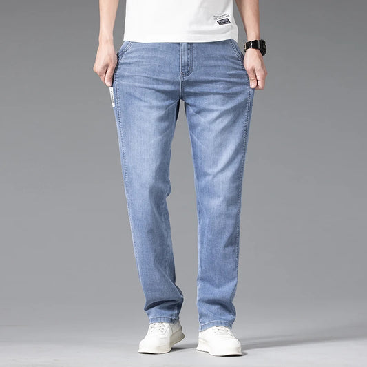 Baggy Jeans Blue Gray Elastic Waist Business Casual Straight Denim Trousers