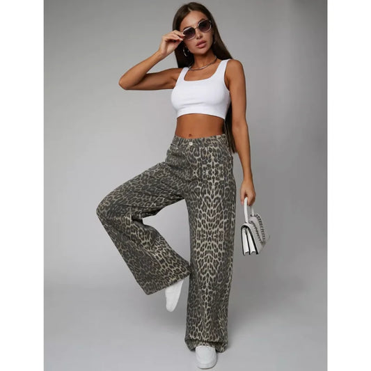 Leopard Print Womens Jeans High Waist Vintage Hip Hop Casual Straight Baggy Y2K Pants