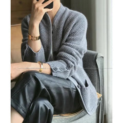 Autumn Winter Thickened 100% Cashmere Wool Cardigan Women Stand Neck