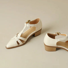 Genuine Leather Women Sandals T-Strap Pumps Office Ladies Party