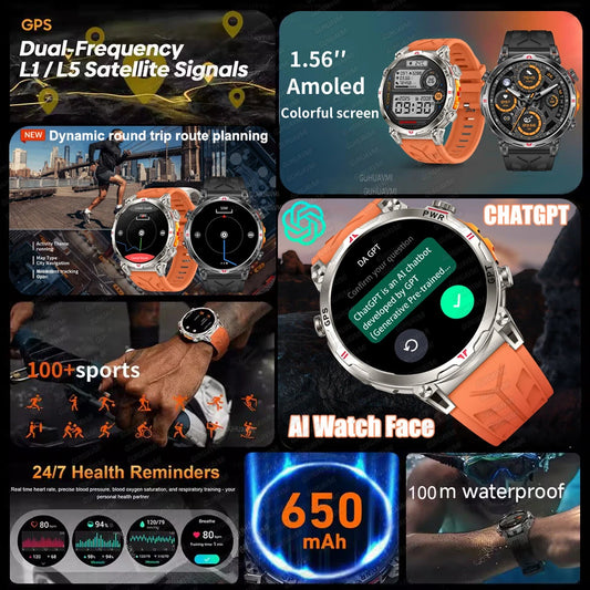 2025New Military GPS Sport Smartwatch Men 650mAh AMOLED Screen Compass Altimeter 10ATM Waterproof Heart Rate Wireless Call Clock