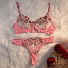 Purple Lingerie Woman Lace Transparent Underwear Fairy Embroidery Brief Sets
