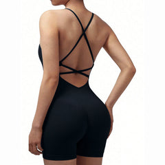 Yoga Criss Cross Backless Cami Sports Romper,Women's Jumpsuits Ribbed One Piece
