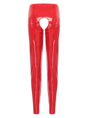 Womens Wet Look PVC Leather Open Crotch Butt Leggings High Waisted Crotchless