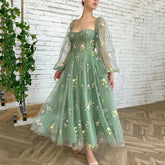 Evening wear Dresses: Green Lace Prom Party Dresses Puffy Sleeves Colorful Flowers