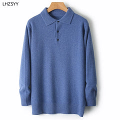 Merino Wool Hot Cardigans Men Lapel Pullover Long Sleeve POLO Neck Sweaters