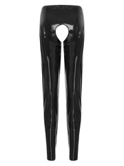 Womens Wet Look PVC Leather Open Crotch Butt Leggings High Waisted Crotchless