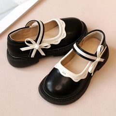 Girl Leather Shoes Bowtie Black Beige School Causal Children Flat Elegant