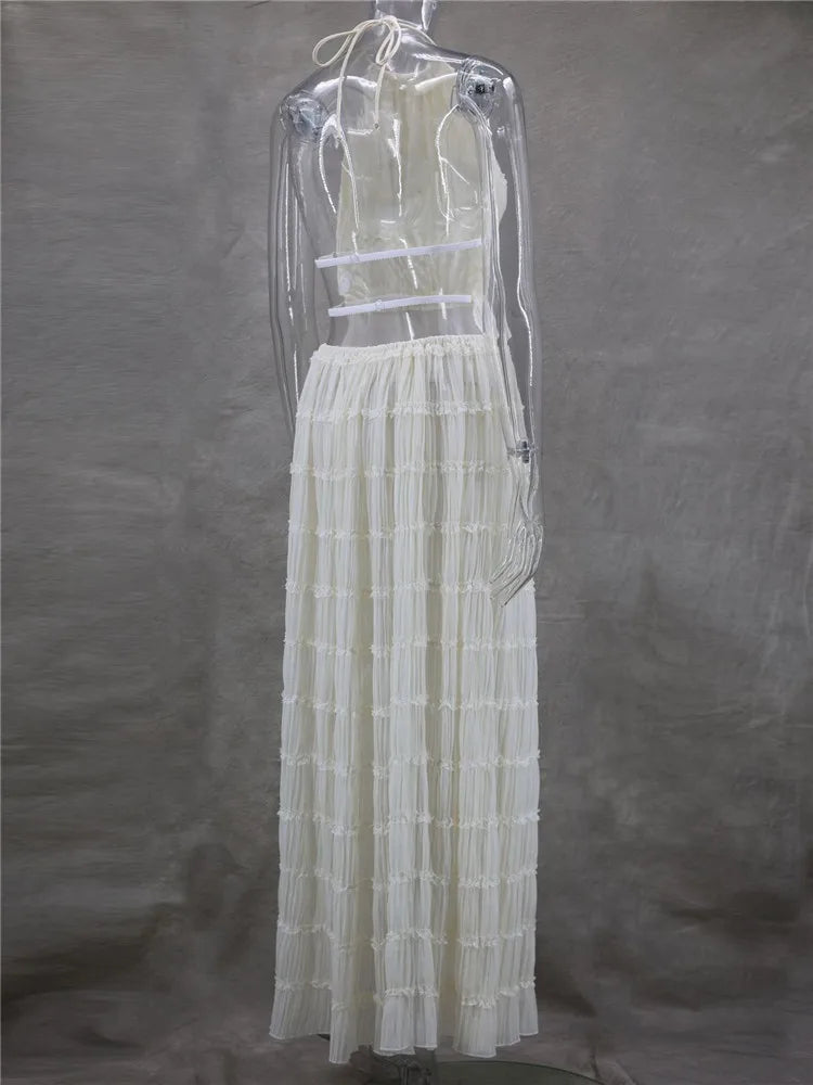 Holiday Beige White Two Pieces Suits Backless Halter Short Tank Vest