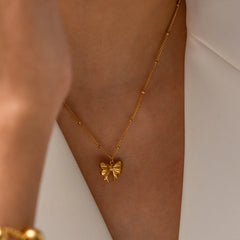 18K Gold Plated Charm Necklace Stainless Steel Bow Pendant Necklace for Women