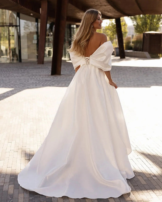 White Bridesmaid Dresses: Off the Shoulder Side Slit Satin Bridal Dress Bow Sweetheart