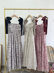 Elegant Slash Neck Off Shoulder Print Dress Lace Up Sweet Bow